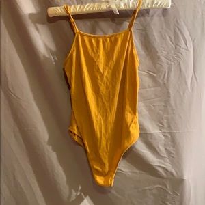 Mustard Ribbed Square Neck Thong Bodysuit